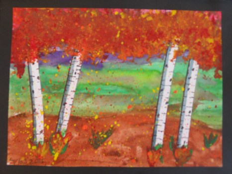 Student Artist: SYLAS T, Grade 3Beautiful Landscape"I used four pieces of masking tape. I bent it a little bit to make my birch trees. Then I painted fall colors and when I took the masking tape off, it was white just like a birch tree! Next, I added birch tree textures but NOT in a pattern. I put a black line and a grey line on the left side of each tree to show the shadow. I used a sponge to dab in leaves at the top of the trees and then I splatter painted all over the picture. Last, I added grass on the foreground. I really, really like my picture!"