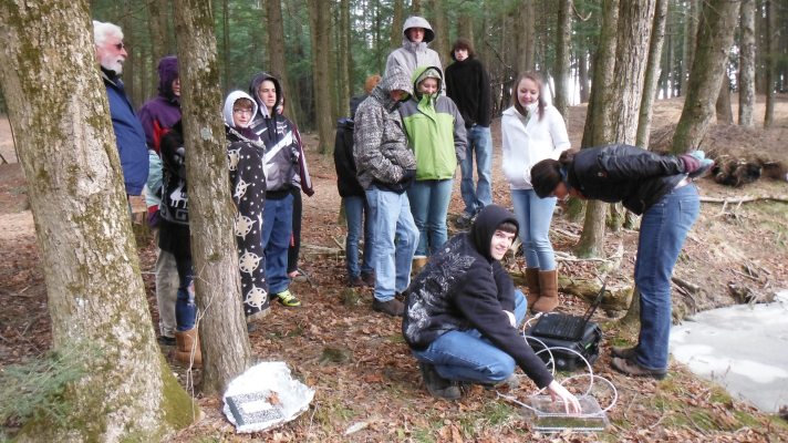 BFA-Botany students wait for results using a LI-COR CO2 Gas Analyzer to measure soil microbe respiration by the soccer fields at BFA