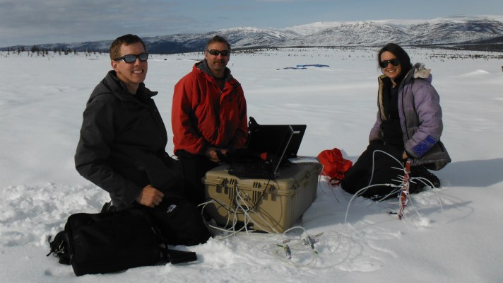 Field Tech. John Krapek,  BFA Science Teacher Mr. Lane and Researcher Elizabeth Webb collect data using a LI-COR CO2 Gas Analyzer at the University of Florida Carbon in Permafrost Experimental Research site near Healy, Alaska