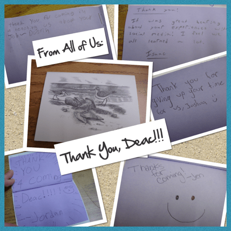 A collage of Thank You notes the students and staff sent to Ms. Decarreau.