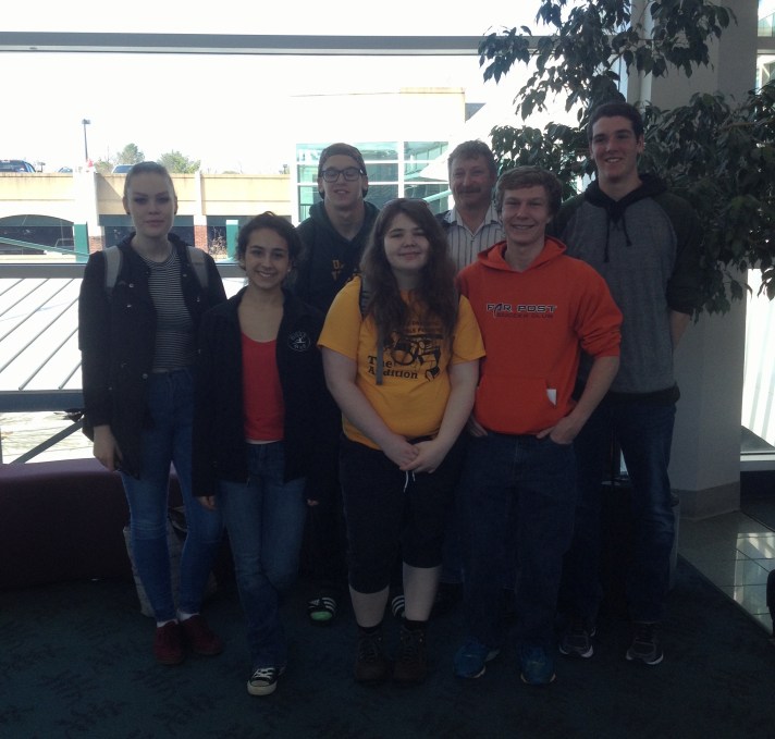 (BFA HS students left to right Sophie L, Rebekah L, Bastien T, Rebecca C, Tom Lane (Tchr.), Alex F, David L leaving Burlington Airport for Puerto Rico.)