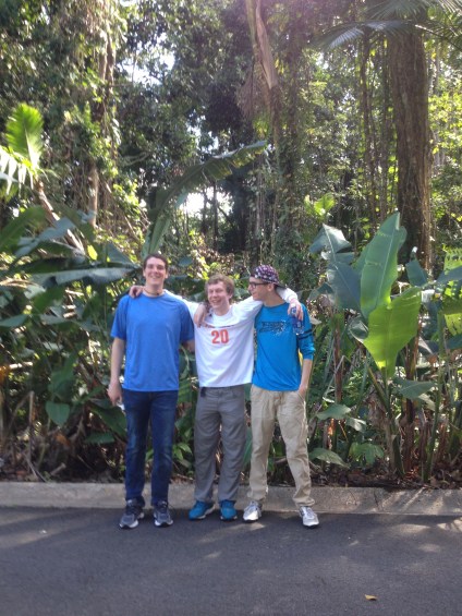 BFA students, left to right, David L, Alex F and Bastien T at El Verde Field Station in the Luquillo Long Term Ecologic Research Forest (LTER) in PR.