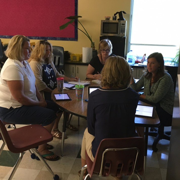 Rhonda Siemons working on tech integration with the 5th grade team.