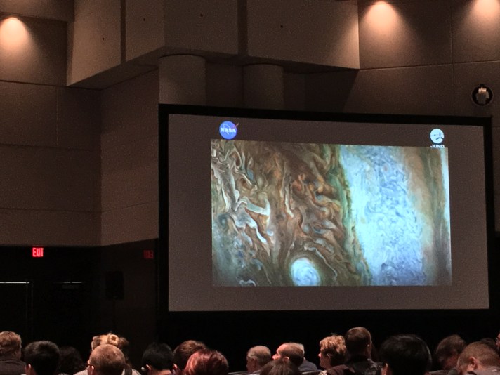 Image of the surface of Jupiter taken by Juno Mission shown at AGU Shoemaker Lecture.