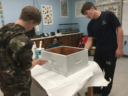 Hive boxes getting a fresh coat of paint.