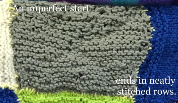 An imperfect start at knitting ends in neatly stitched rows.