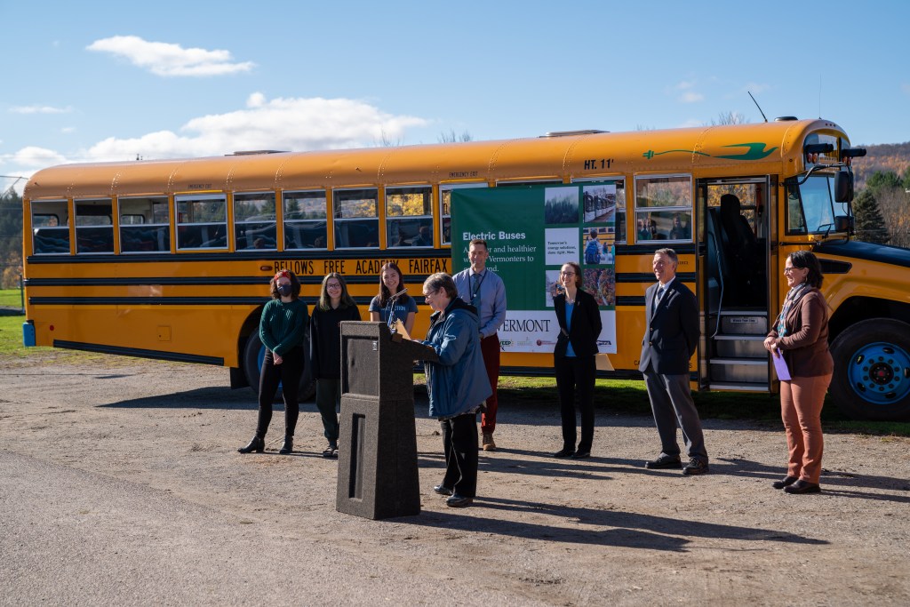 Patsy Parker, BFA Transportation Manager talks to the crowd about the new Electric Bus